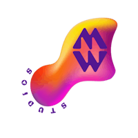 a purple and orange logo with the word mw